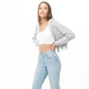 Distressed Ribbed Knit Zip Hoodie